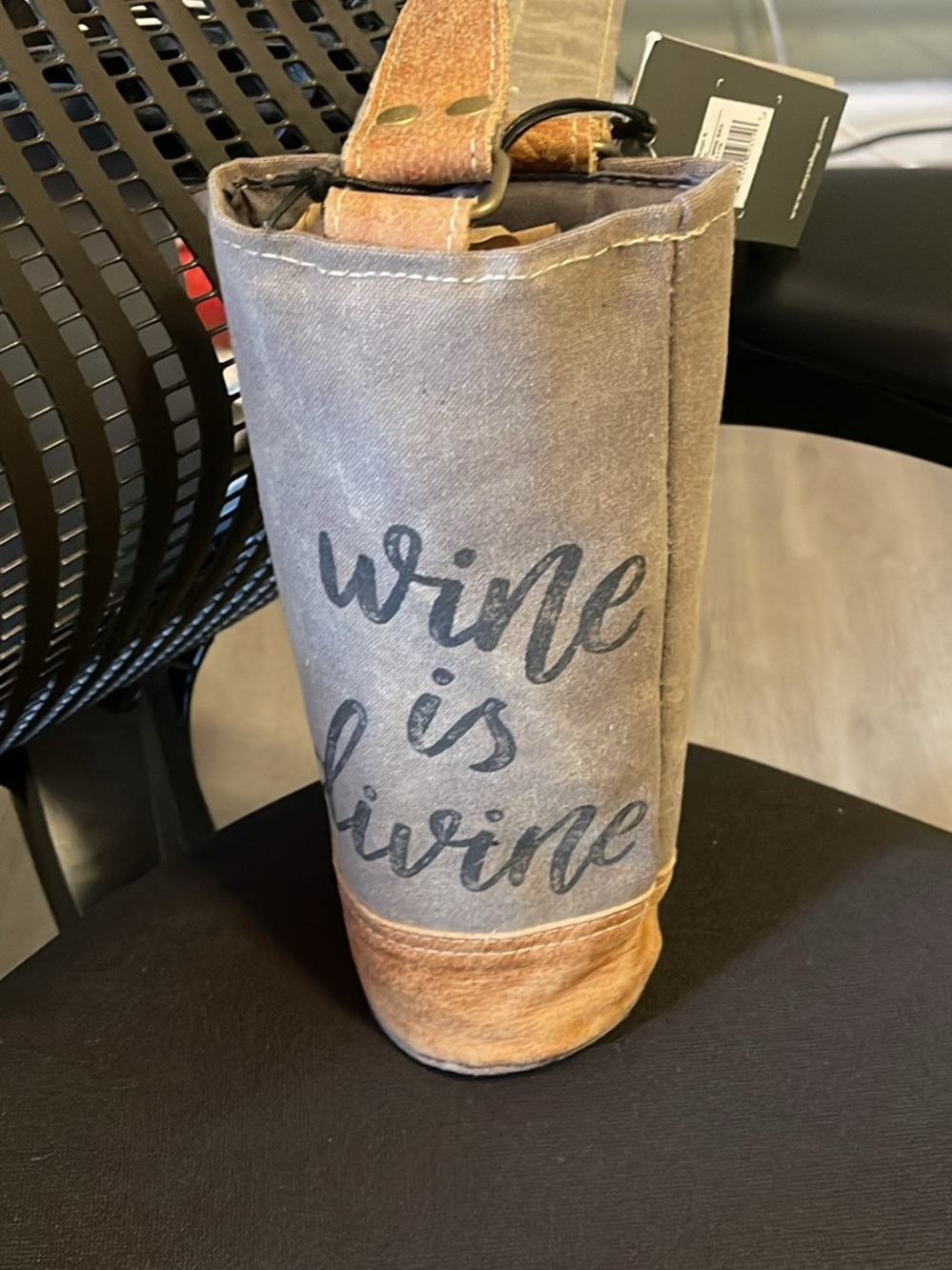 Myra Bag Brown Canvas Wine Tote with Leather Base and Handle